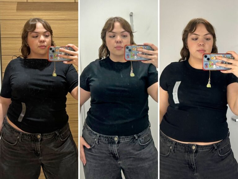 I tried on T-shirts at Gap, Banana Republic, and Old Navy. My favorite option was flattering and affordable.